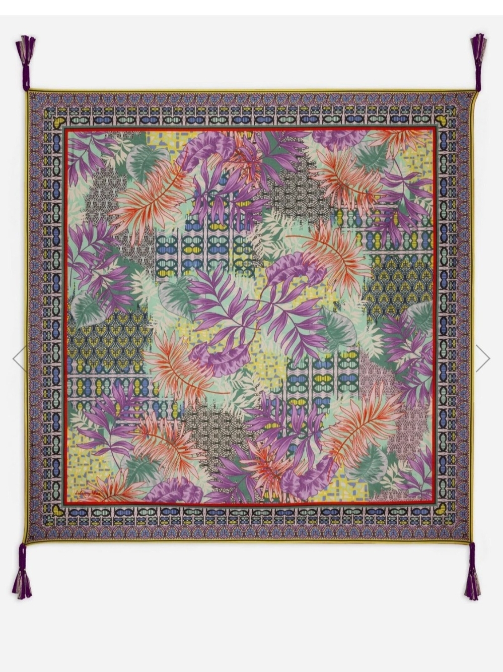 Johnny Was Tropical Floral Square Scarf in Purple, Coral & Mint